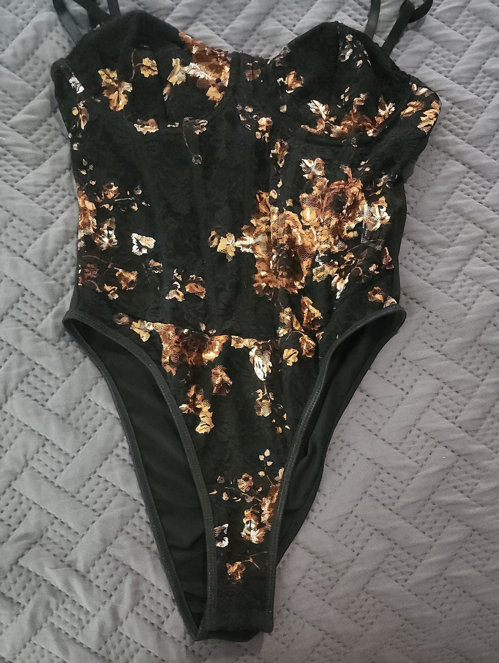SHEIN Black One-Piece Bodysuit with Gold Floral Lace